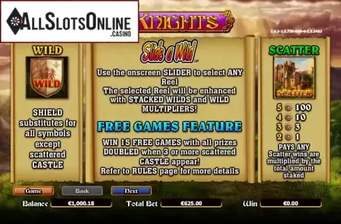 Paytable 1. 5 Knights from NextGen