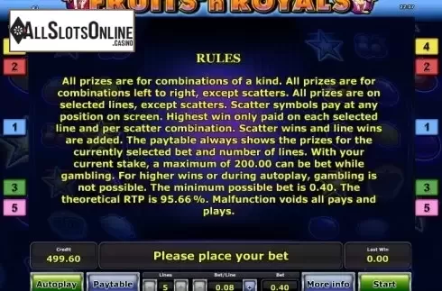 Paytable 2. Fruits´n Royals from Greentube