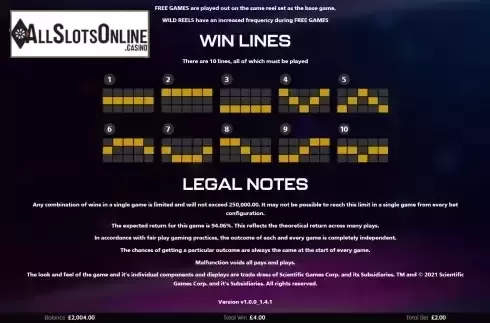 Pay lines screen