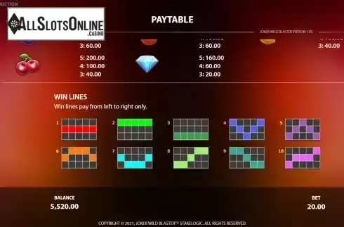 Paylines screen