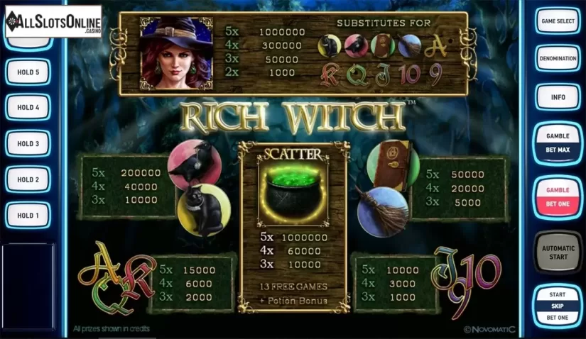 Paytable . Rich Witch Deluxe from Novomatic