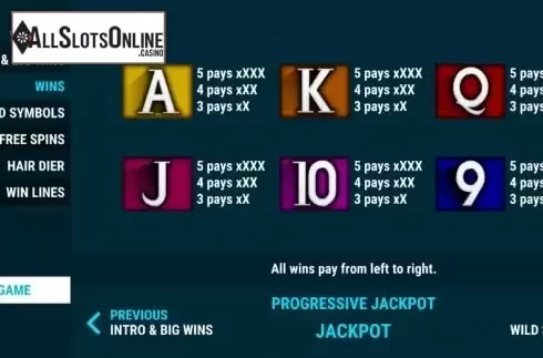 Low Paytable Symbols screen