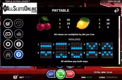 Paytable and paylines screen