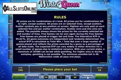 Paytable 3. Winter Queen from Greentube