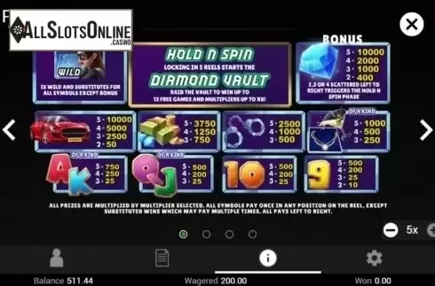 Paytable. Diamond Fortune from Swintt