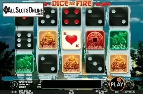 Game Workflow screen. Dice and Fire from Pragmatic Play