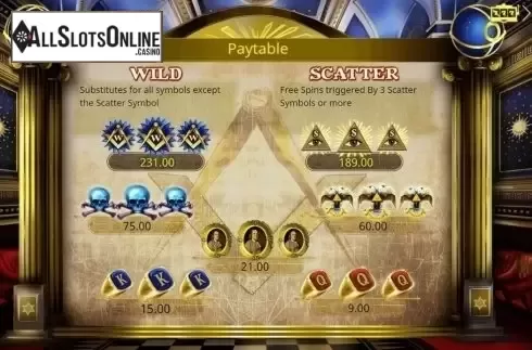 Paytable. Freemasons' Fortunes from Booming Games