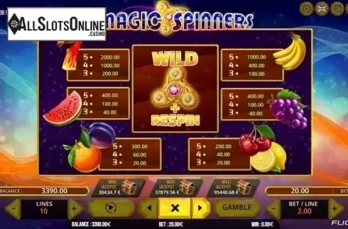 Paytable. Magic Spinners from Fugaso
