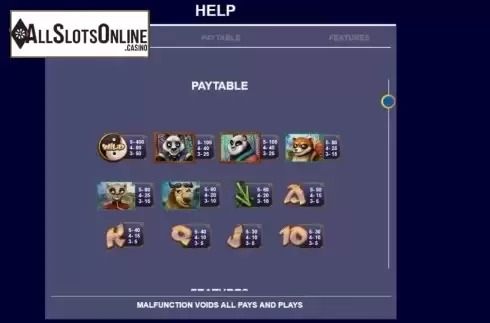 Paytable screen. Panda Planet from Arrows Edge