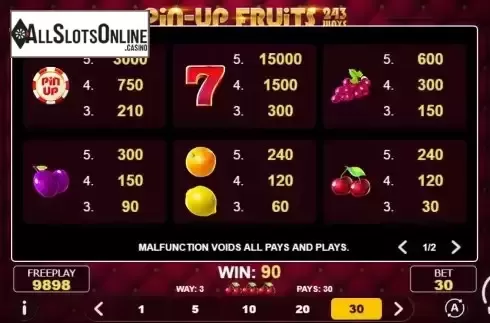 Paytable screen