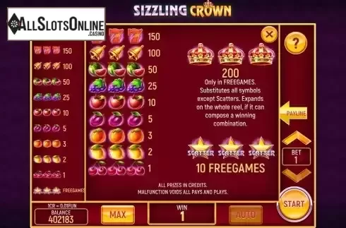 Paytable and Paylines screen