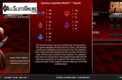 Paytable 2. Spartacus Legendary Warrior from Red7