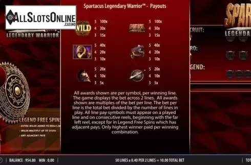 Paytable 1. Spartacus Legendary Warrior from Red7