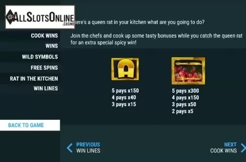 Paytable 1. Too Many Cooks from Slot Factory