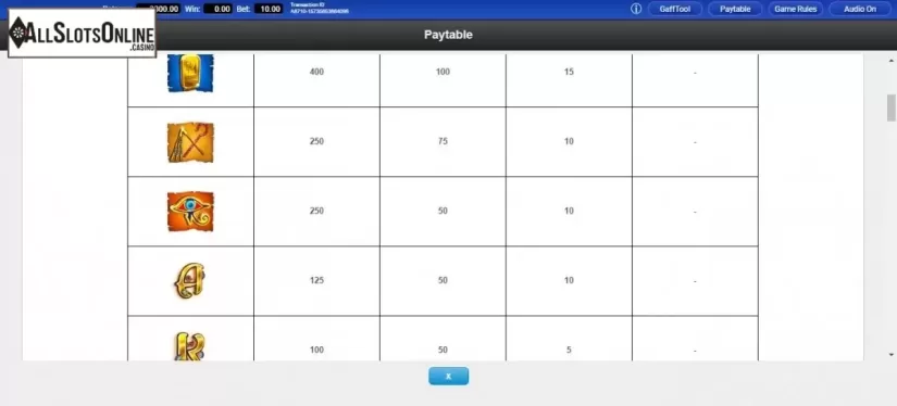 Paytable. Cleopatra Diamond Spins from IGT