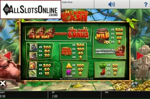 Paytable 1. King Kong Cash from Blueprint