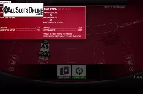 Paytable. BlackJack Twins and Crazy Twins VIP from GAMING1