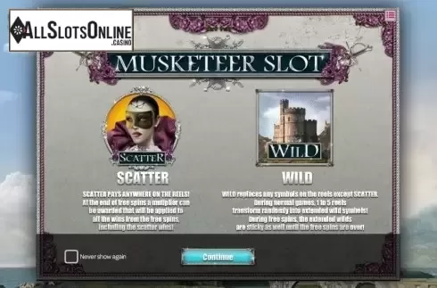 Game features. Musketeer Slot from iSoftBet