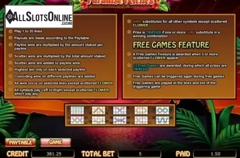 Paytable 2. Paradise Riches from Bwin.Party