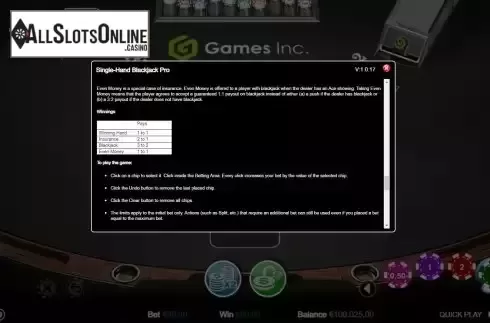 Paytable screen