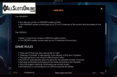 Game Feature / Rules screen