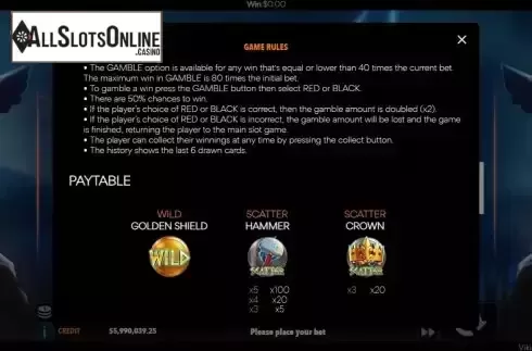 Game Feature / Pay Table screen