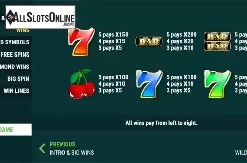 Paytable 2. Wild Diamond Wins from Slot Factory