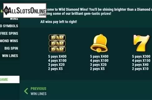 Paytable . Wild Diamond Wins from Slot Factory