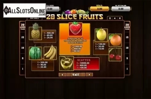 Paytable . 20 Slice Fruits from Betixon