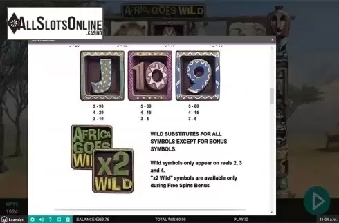 Paytable 2. Africa Goes Wild from Leander Games