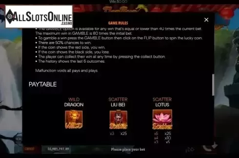 Game Feature / Pay Table screen