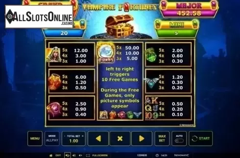 Paytable. Vampire Fortunes from Greentube