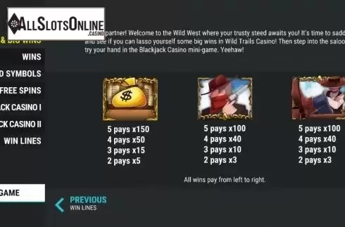 Paytable screen. Wild Trails Casino from Slot Factory