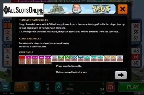 Paytable . Zeus Bingo from MGA