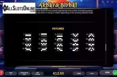 Paylines screen