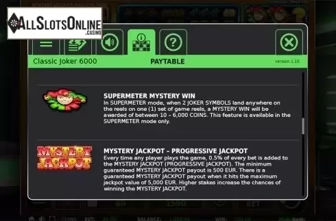 Paytable . Classic Joker 6000 Quattro from StakeLogic