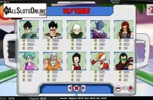 Paytable. Dragon Ball Reels from TOP TREND GAMING
