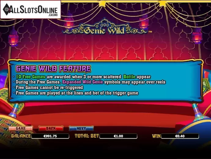 Paytable 3. Genie Wild from NextGen