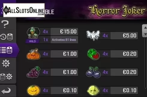 Paytable . Horror Joker	 from Apollo Games