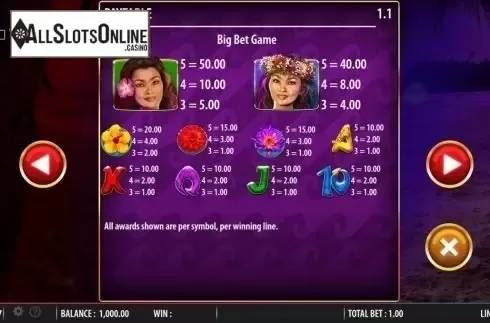 Paytable 2. Hula Hula Nights from SG