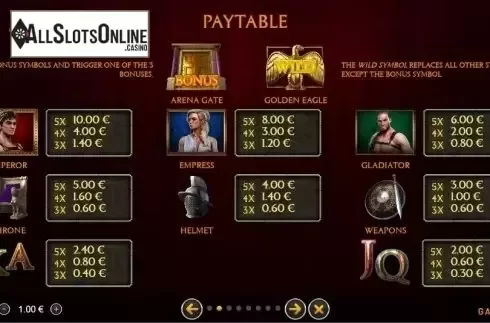 Paytable 1. Kassius Invictus Armis from GAMING1