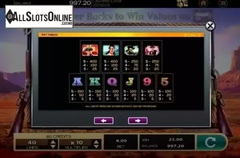 Paytable. Lawless Love from High 5 Games