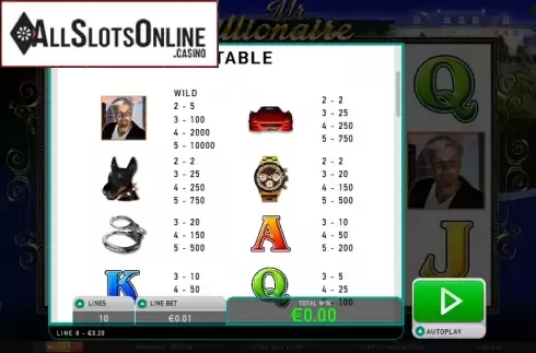 Paytable 1. Mr. Billionaire from Leander Games
