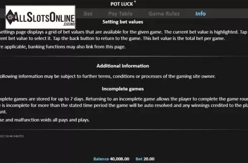 Paytable 4. Pot Luck Pull Tab from Realistic