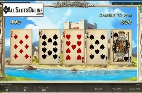 Gamble game workflow screen. Ancient Troy Dice from Endorphina