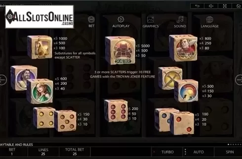 Paytable . Ancient Troy Dice from Endorphina