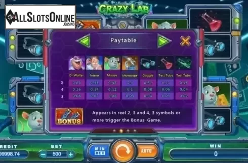 Paytable. Crazy Lab from TIDY