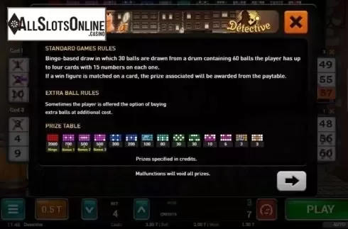 Paytable. Detective Bingo from MGA