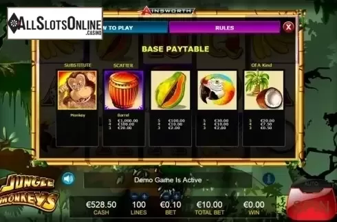 Paytable 1. Jungle Monkeys from Ainsworth