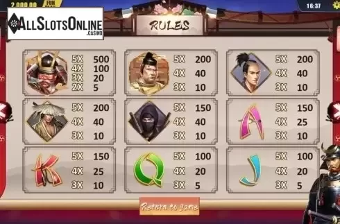 Paytable. Shogun from Dream Tech